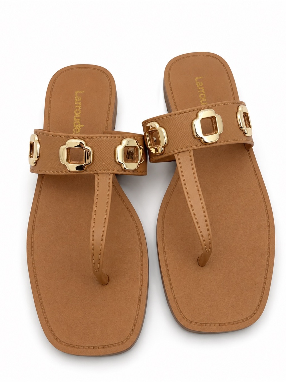 Larroude Tan Slide Sandals with Gold Buckle Detail - Picture 5 of 7